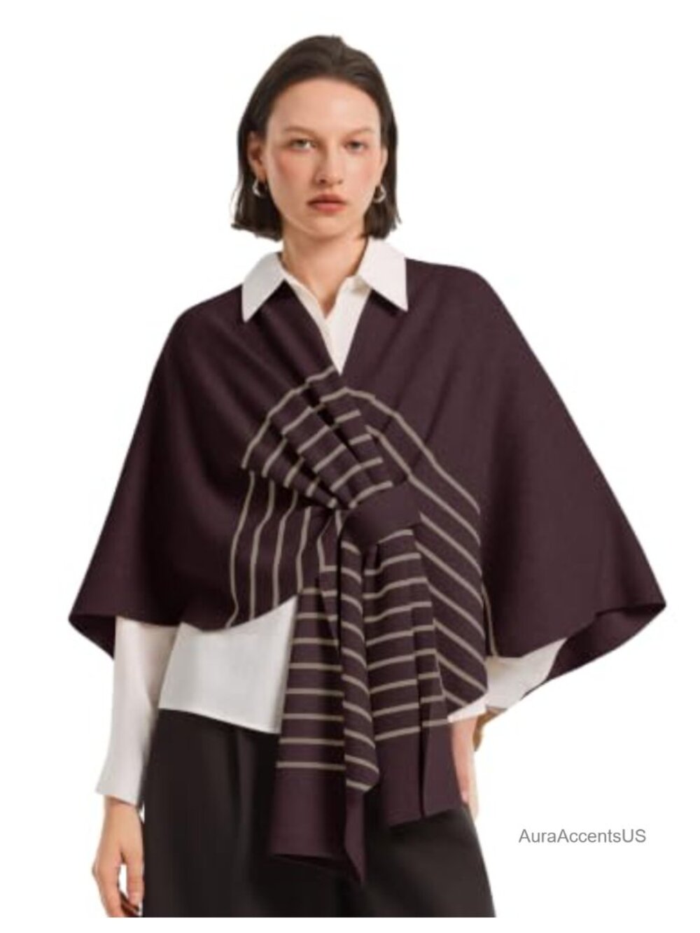 Striped Poncho Sweater Knit Shawl Wrap Blanket Cardigan Open Front Tie Belt
